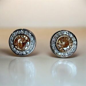 Champagne Crystal Halo Stud Earrings – Two-Tone Setting – EUC